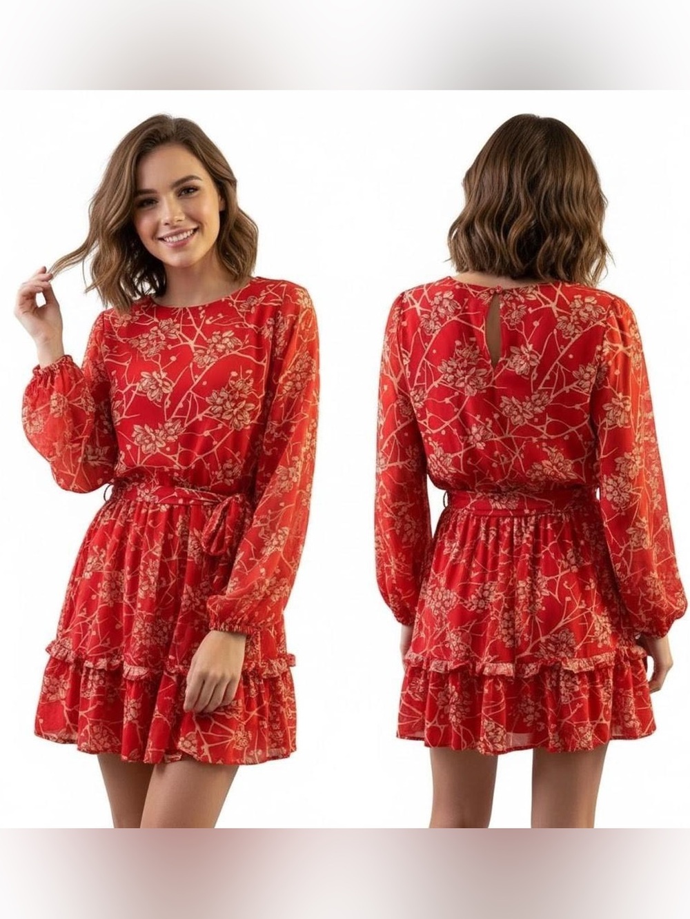 Flying Tomato Floral Belted Ruffle Hem Dress- Red